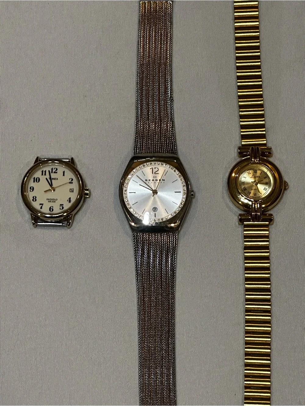 Watch Bundle: Timex Face, Two Tone Skagen and Gold Tone Lotus. Vintage inspired.